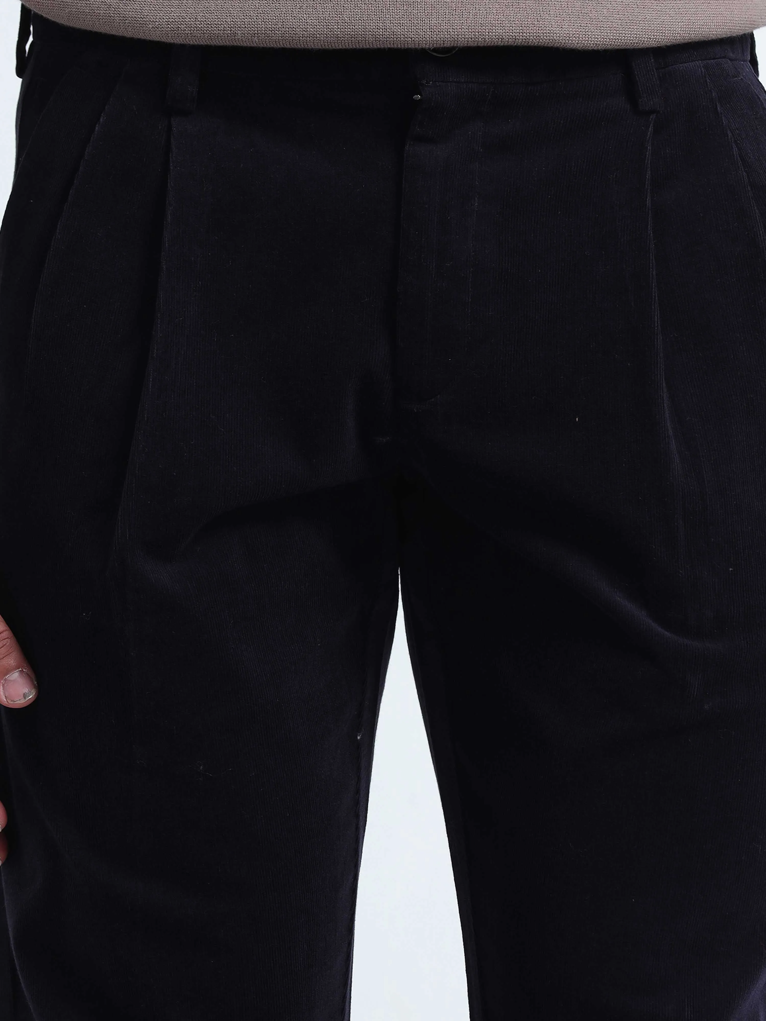 Soft Corduroy Navy Relaxed Pleated Pant