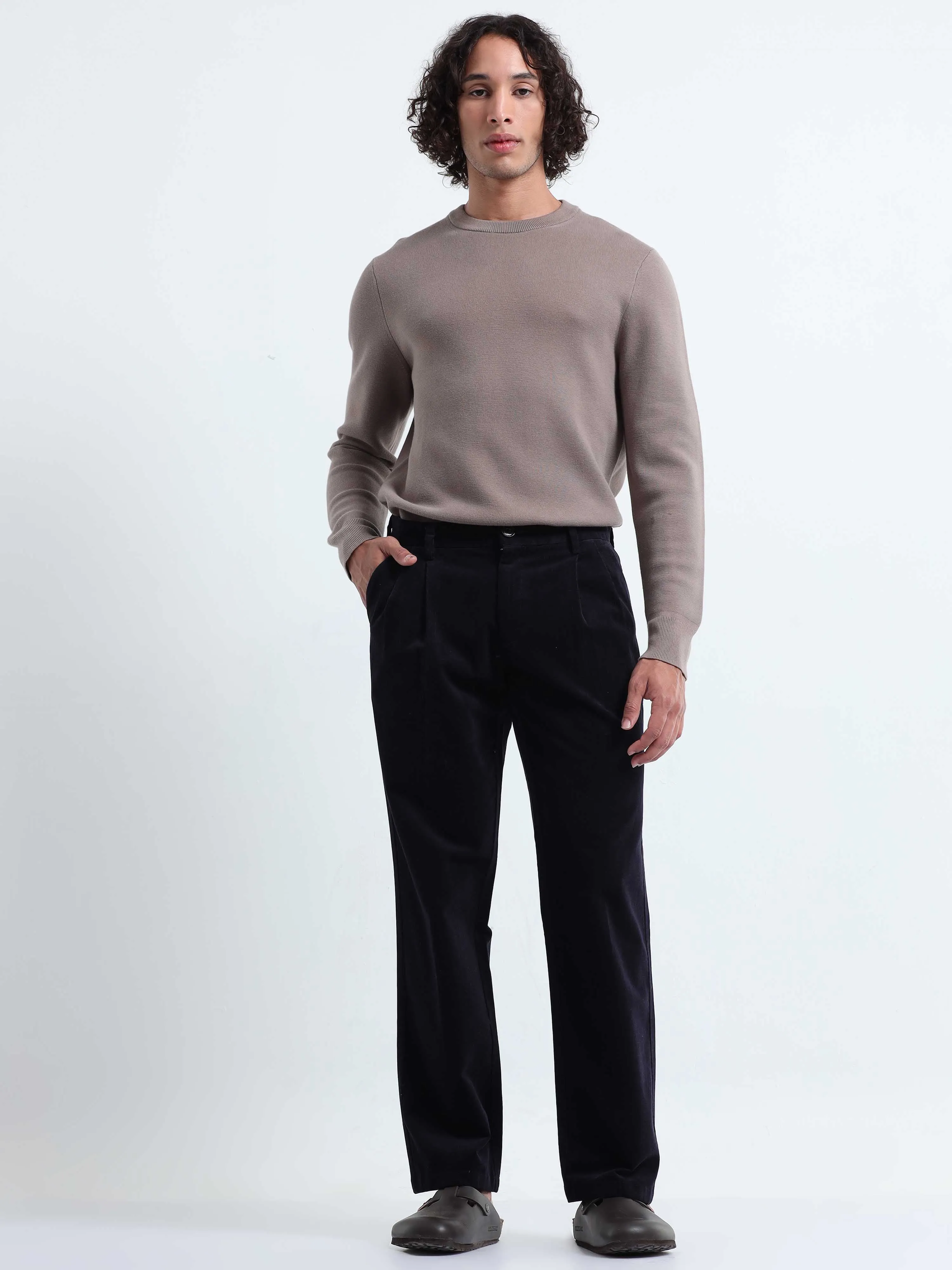 Soft Corduroy Navy Relaxed Pleated Pant