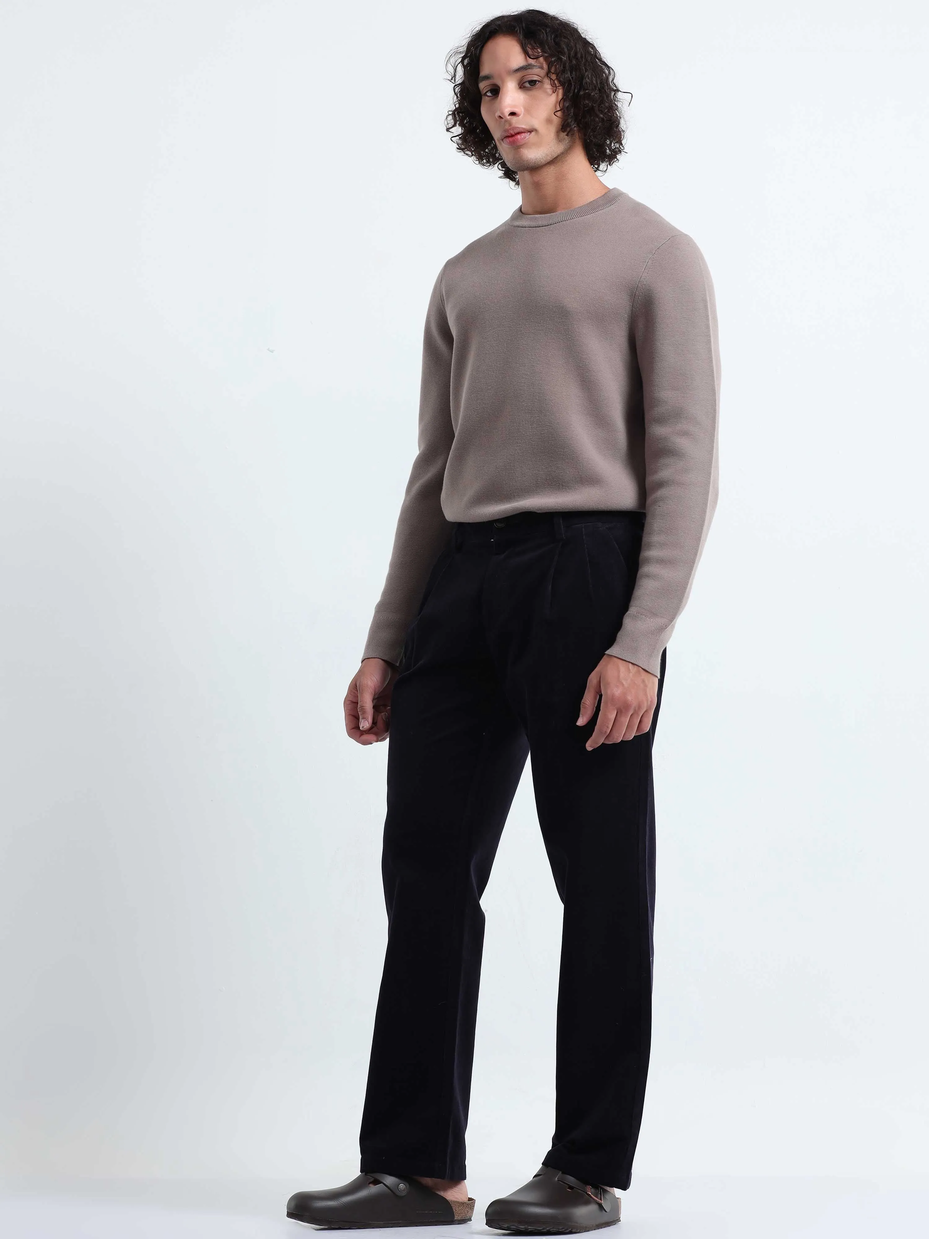 Soft Corduroy Navy Relaxed Pleated Pant