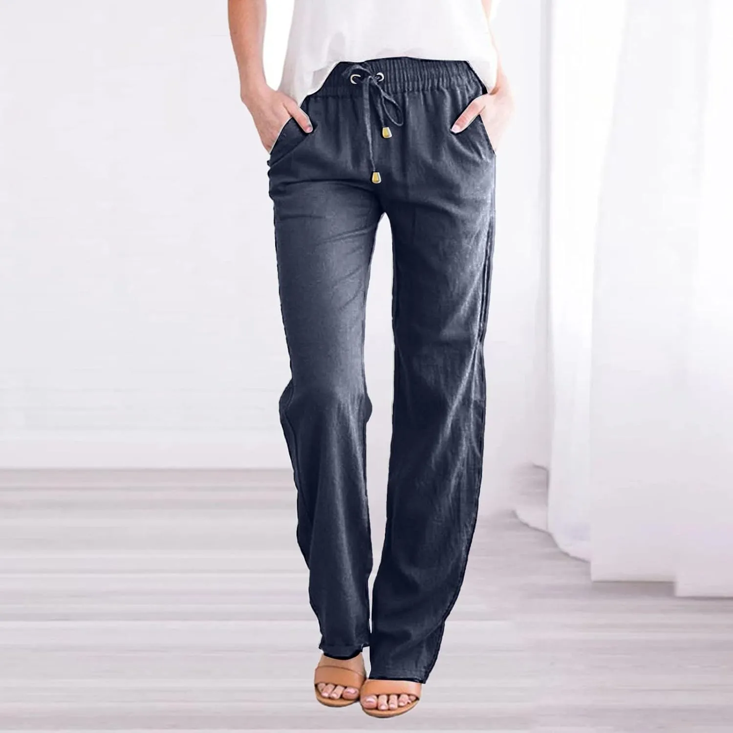 Women Trouser Pants Straight Leg Plus Size Wide Leg Stretch Pants Loose Lounge Pants Cotton Linen Trendy Sweatpant