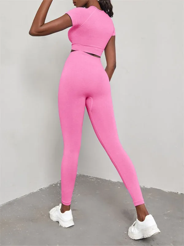 Women's Seamless Exercise Short Sleeve Crop Top and Leggings Set