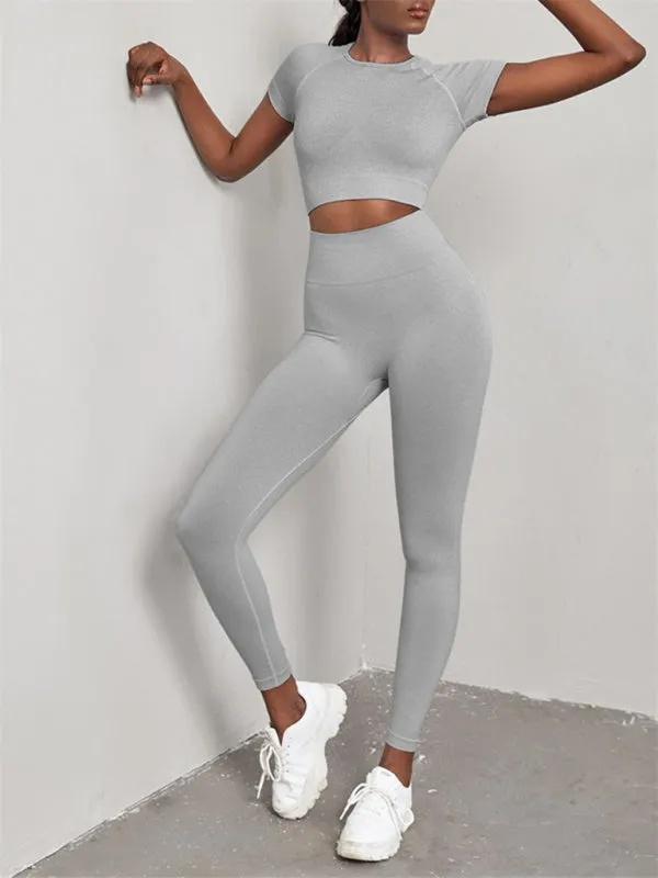 Women's Seamless Exercise Short Sleeve Crop Top and Leggings Set