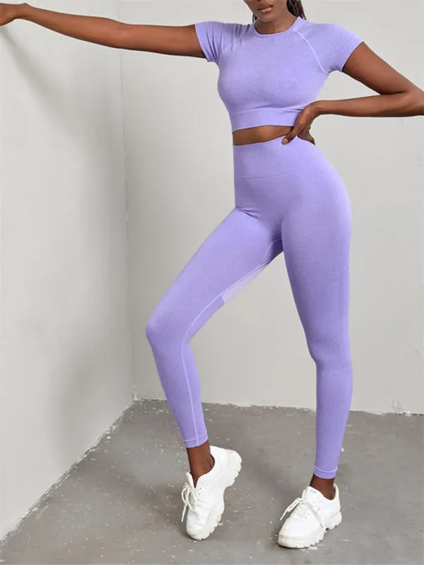 Women's Seamless Exercise Short Sleeve Crop Top and Leggings Set