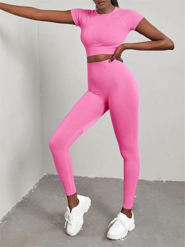 Women's Seamless Exercise Short Sleeve Crop Top and Leggings Set