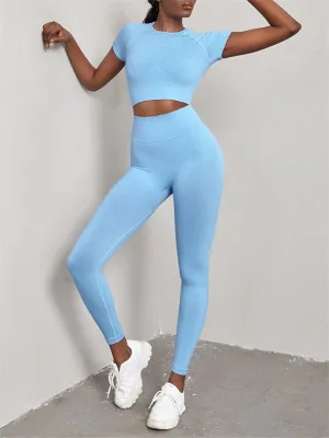 Women's Seamless Exercise Short Sleeve Crop Top and Leggings Set