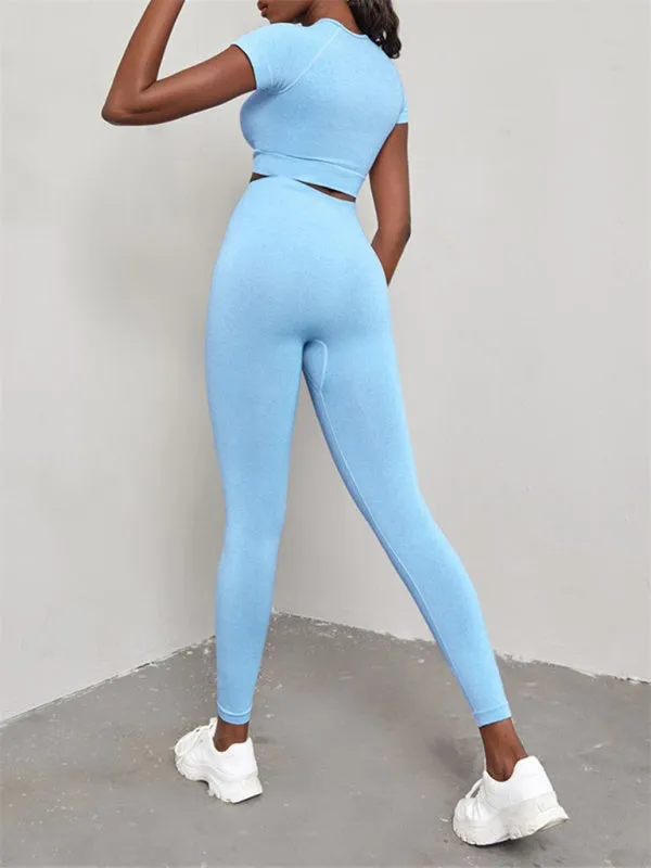 Women's Seamless Exercise Short Sleeve Crop Top and Leggings Set