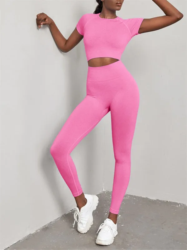 Women's Seamless Exercise Short Sleeve Crop Top and Leggings Set