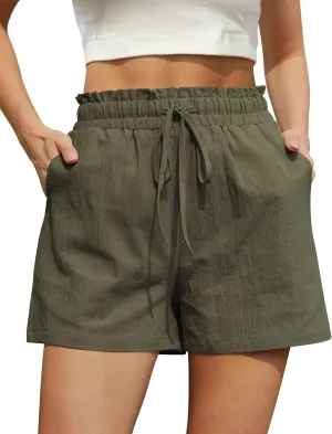 Womens Summer Elastic Waist Drawstring Shorts Ruffle Waist High Waisted Wide Leg Casual Beach Shorts with Pockets