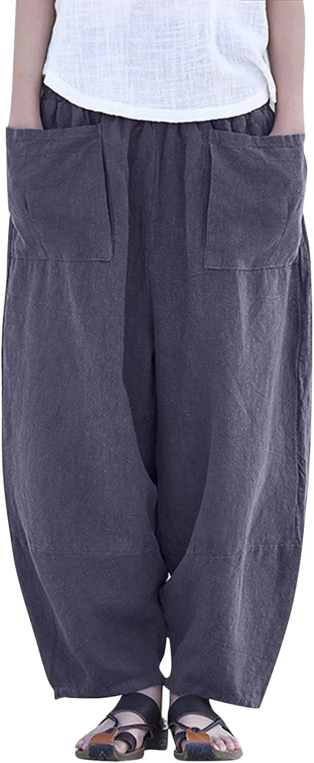 YOLAI Women Vintage Cotton Linen Pant Casual Solid Colours Harem Pant Summer Lightweight Trousers with Pockets (Grey, XXL)