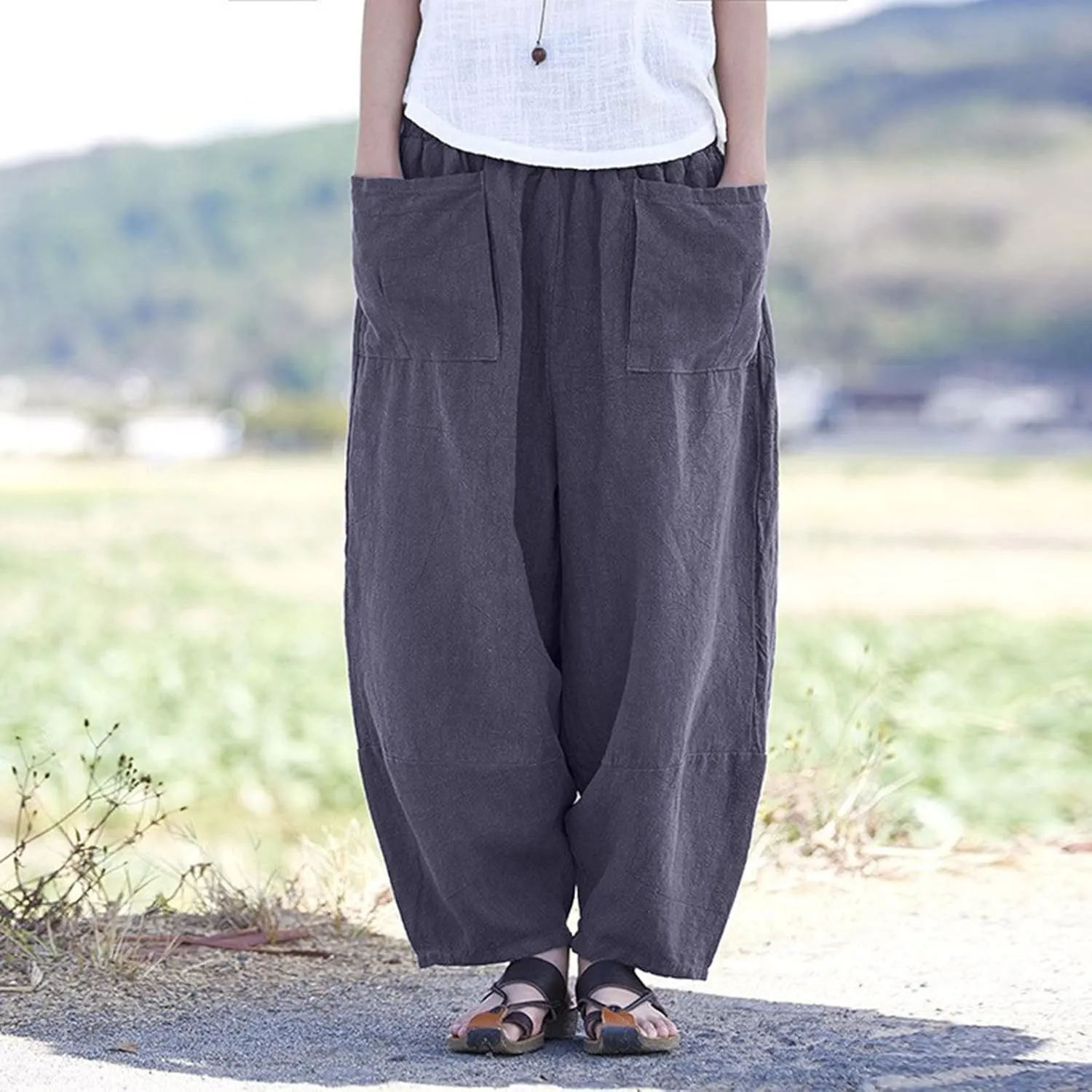 YOLAI Women Vintage Cotton Linen Pant Casual Solid Colours Harem Pant Summer Lightweight Trousers with Pockets (Grey, XXL)