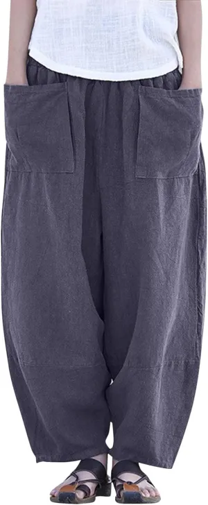 YOLAI Women Vintage Cotton Linen Pant Casual Solid Colours Harem Pant Summer Lightweight Trousers with Pockets (Grey, XXL)